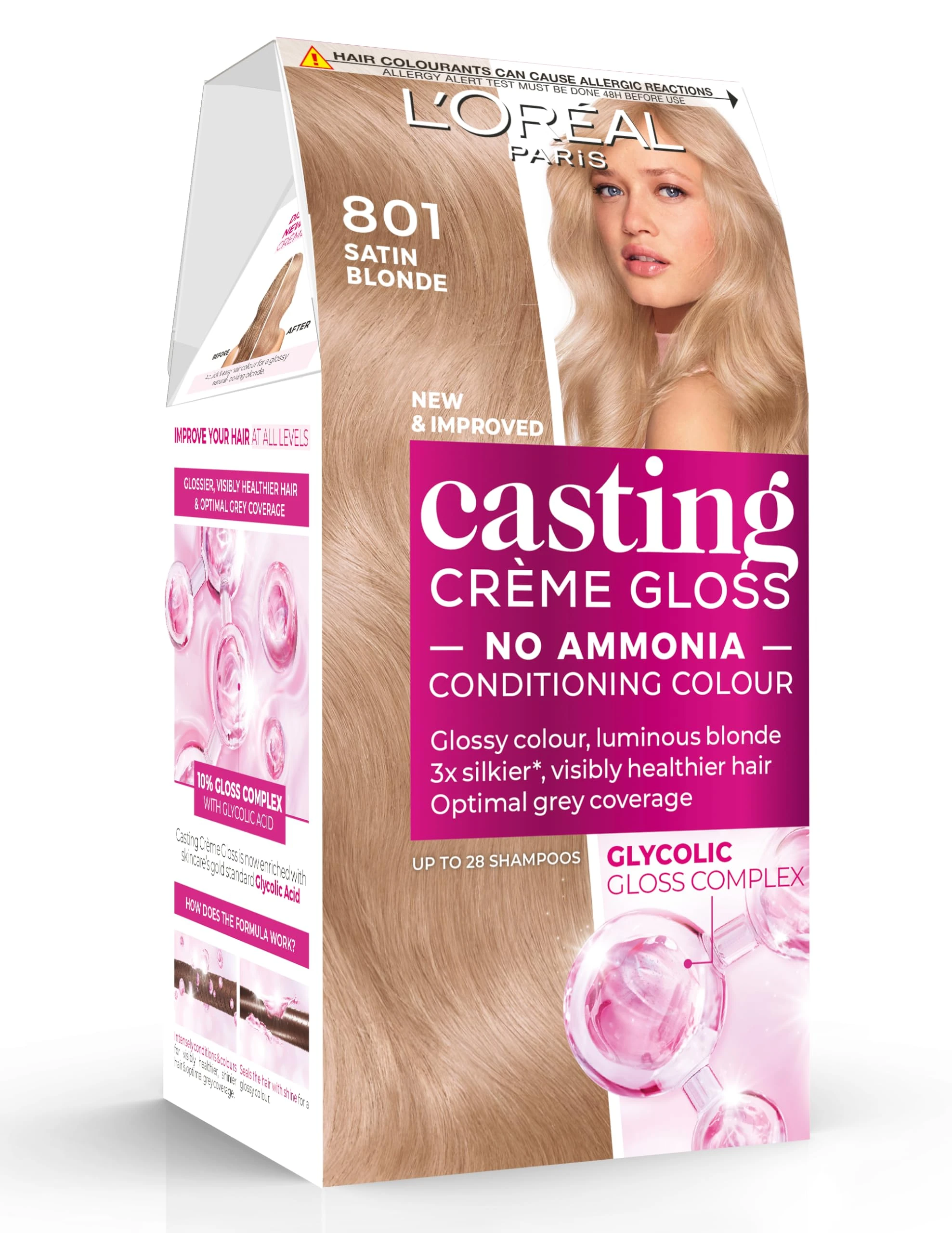Casting Crème Gloss 801 Satin Blonde: This no-ammonia, semi-permanent hair colour lasts 32 washes. Experience up to 3x glossier, 4x silkier, visibly healthier hair with a soft, radiant satin blonde.