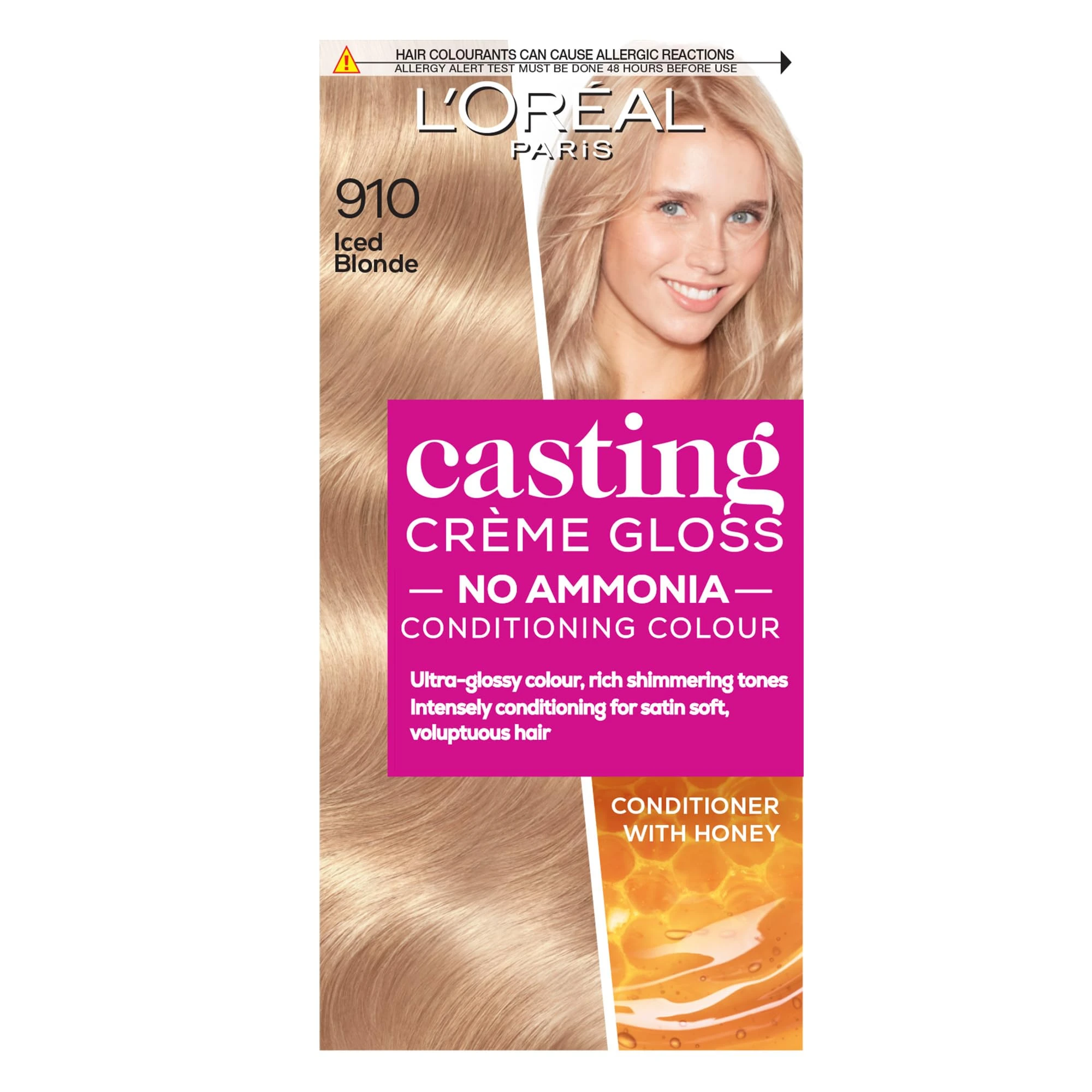 Casting 910 Iced Blonde: A no-ammonia, semi-permanent hair colour lasting 32 washes. Blends greys and leaves hair 3x glossier, 4x silkier for a stunning iced blonde.