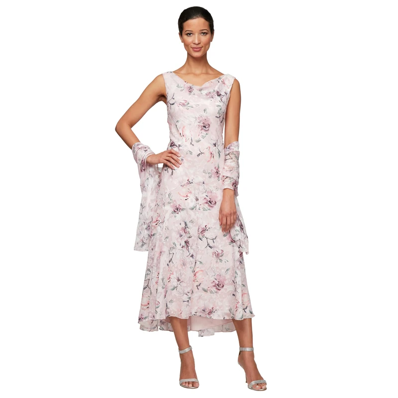 Alex Evenings Women's Tea Length Printed Chiffon Dress with Shawl Special Occasion, Blush Multi, 22