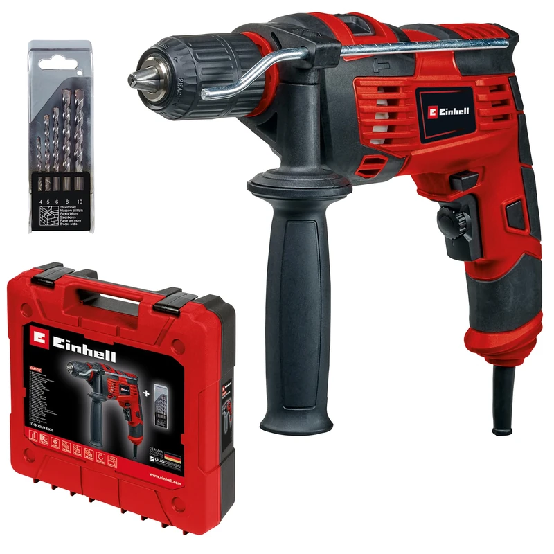 Einhell 720W Impact Drill with Drill Bit Set and Case - Hammer Drill with Auxiliary Handle, Soft Grip, Speed Control - TC-ID 720/1E Electric Drill with Percussion Hammer Drilling Function