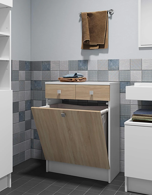 Symbiosis Bathroom Cabinet Combination with A Laundry, Oak and White, 60 x 81.5 x 29.6 cm