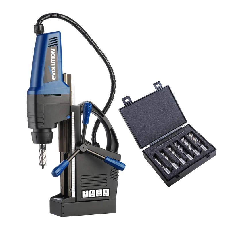 Evolution Power Tools EVOMAG42 - Industrial Steel Magnetic Drill, 42 mm (230 V) with 6x Long Series Drilling Cutter Kit, 50 mm