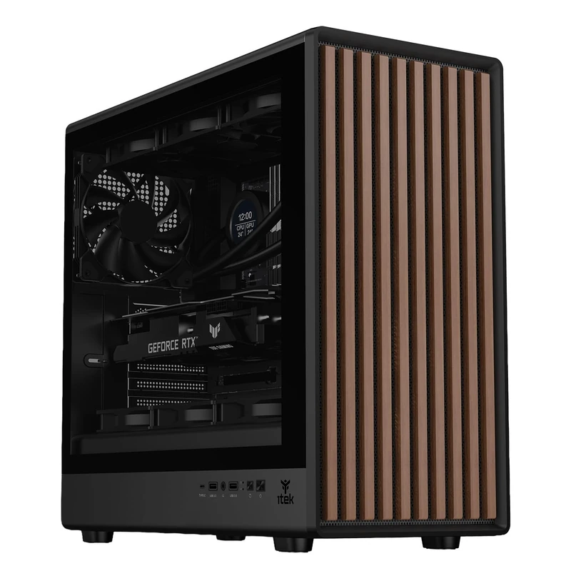 Itek Woody W2B Case - Gaming Tower ATX - 4 x 140 mm Black Fans - 2 x USB 3.0 - Type-C - Wooden Front Panel - Tempered Glass Side Panel Dark - Image 1