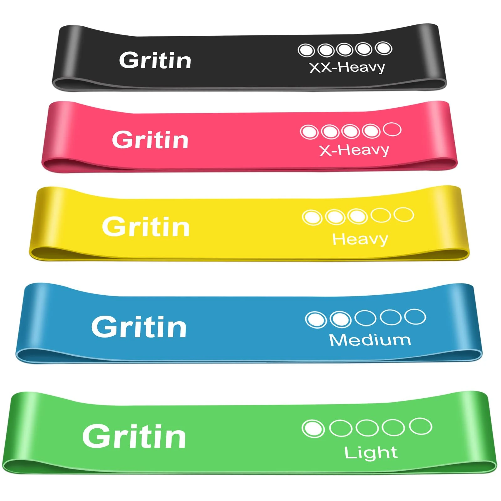 Gritin Resistance Bands, Set of 5 Skin-Friendly Resistance Fitness Exercise Loop Bands with 5 Different Strength Levels - Carrying Case Included - Ideal for Home, Gym, Yoga, Training