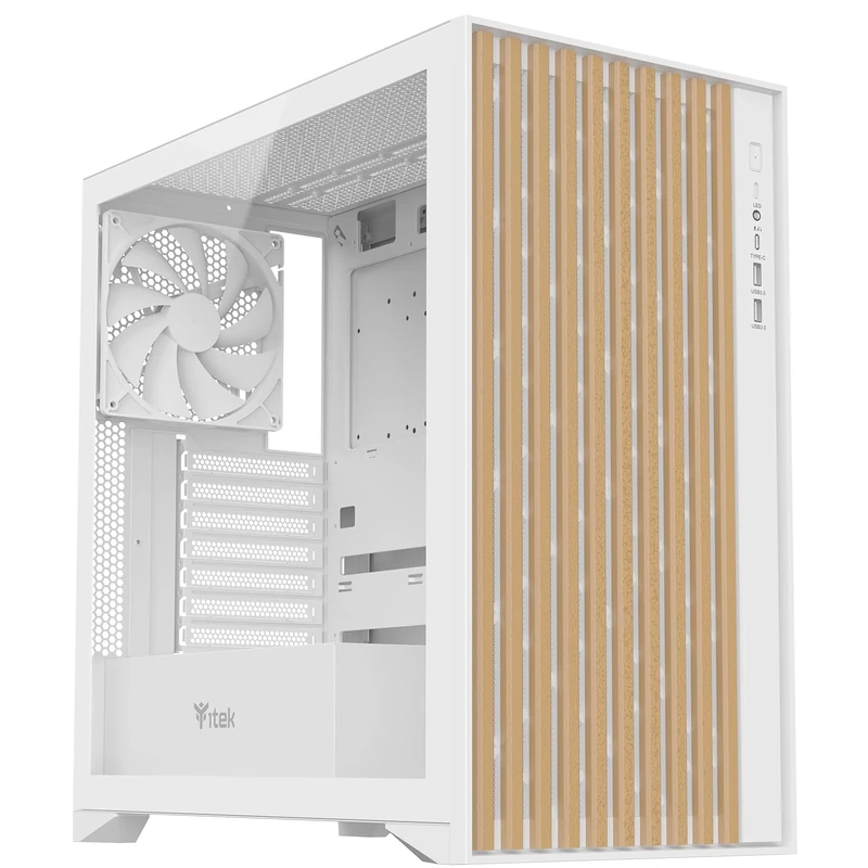 Itek Case Wood - ATX Gaming Tower, 3 x 14 cm, White Fan, 2 x USB3, Type-C, Wood Front, Temp Glass Side Panel, White Edition