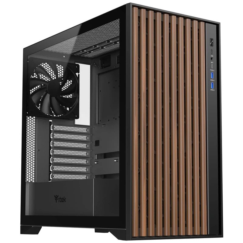 Itek Case WOODY - ATX Gaming Tower, 3 x 14 cm Black Fan, 2xUSB3, Type-C, Wood Front, Temp Glass Side Panel