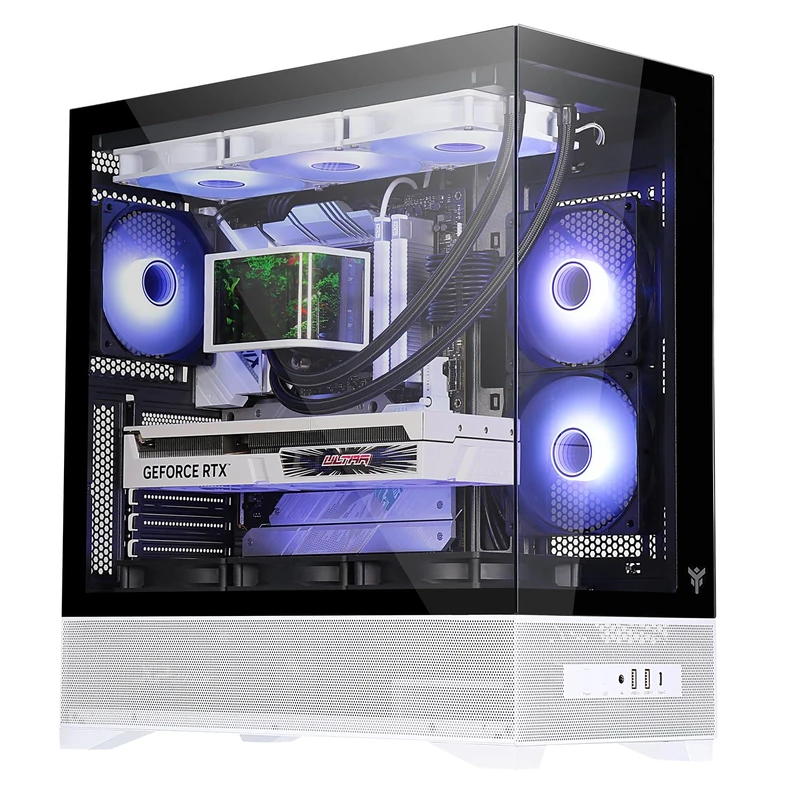 Itek SHOWBUI 37WB Gaming Case – ATX Tower with 3 ARGB 12 cm Fans, USB-C, 2x USB 3.0 and Temp Glass Side & Front Panels – White and Black