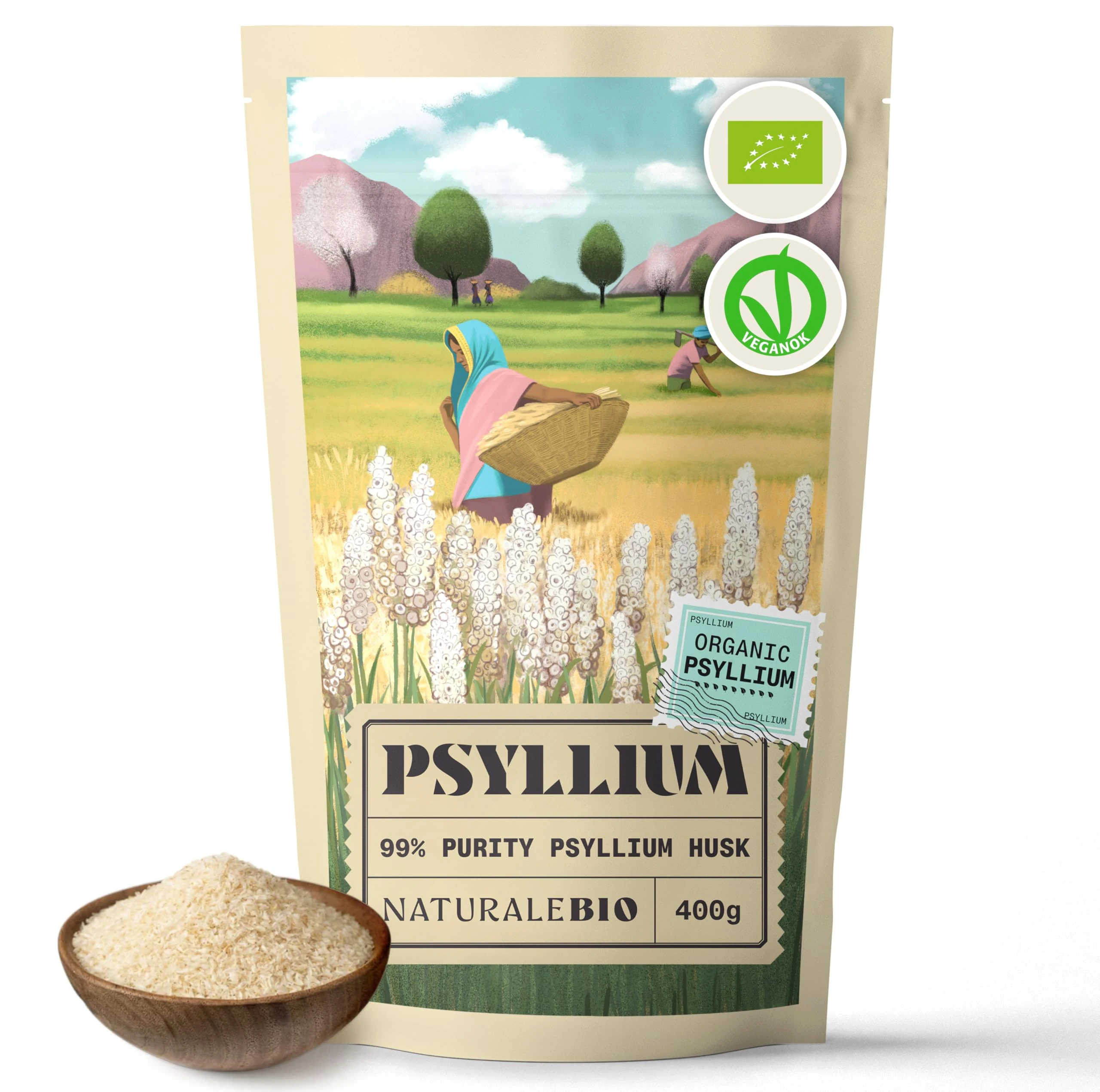 NaturaleBio Organic Psyllium Husk - 99% Purity - 400g. Pure & Natural Psyllium Seed Husks, Produced in India. High in Fibre, to be Mixed with Water, Beverages, & Juices, Vegetarian & Vegan.