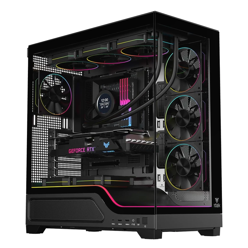 Itek SHOWBUI WAVE 82B Gaming Case - ATX Tower with 4 12cm ARGB Fans Included - 2xUSB3, Type-C- and Front and Side Bulkhead in Dark Temp Glass