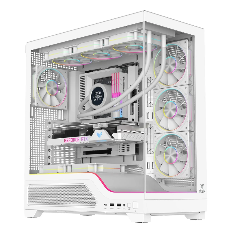 Itek SHOWBUI WAVE 82W Gaming Case - ATX Tower with 4 ARGB 12 cm Fans Included - 2xUSB3, Type-C- Front and Side Bulkhead in Dark Temp Glass - White