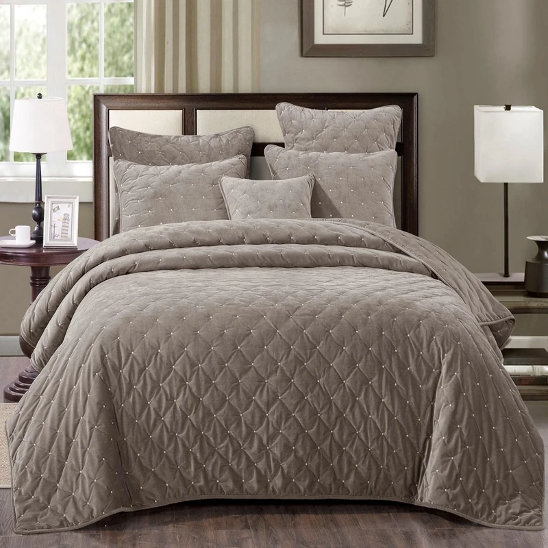 Tache Velvet Dreams Luxurious Velveteen Velour Super Soft Plush Warm Cozy Diamond Tufted Polka Dot Quilted Coverlet Tan Beige Neutral Bedspread Set, King