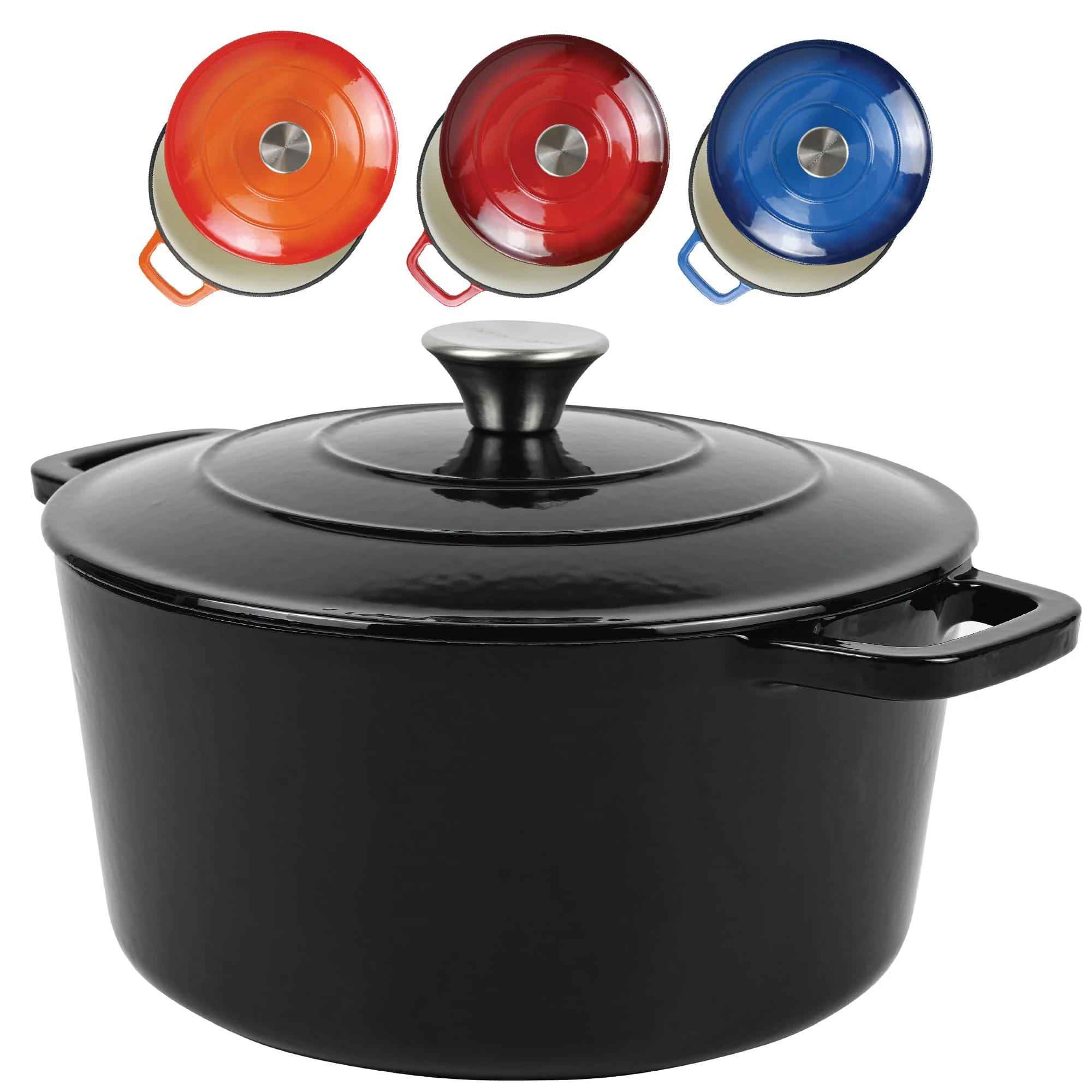 ANDREW JAMES Cast Iron 5L Round Casserole Dish with Lid – Enamel Coated Dutch Oven for Bread Baking, Stews, Roasting & Braising – Oven Proof Cast Iron Pan, No Seasoning Required (Black)