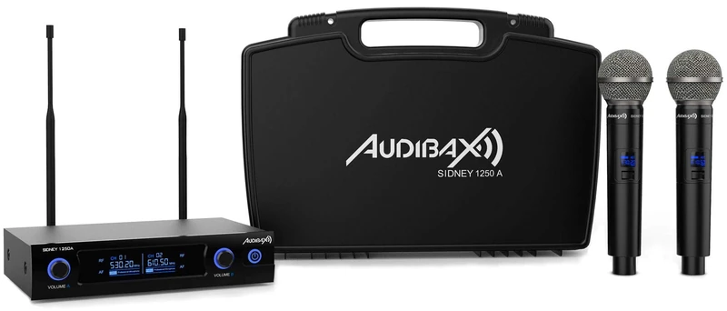 Audibax Sidney 1250 A - UHF Dual Wireless Microphone System - Wireless Microphones with A Frequency - Includes Carrying Case - 2 XLR Audio Outputs and 1 Jack Output
