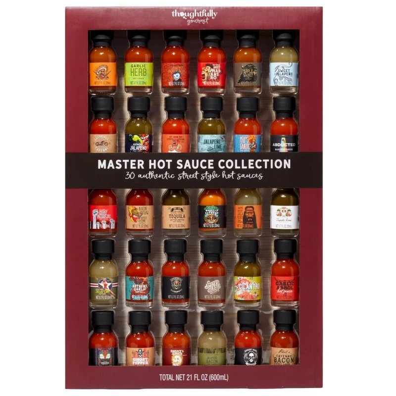 Thoughtfully Gourmet, Master Hot Sauce Collection Gift Set, Flavours Include Garlic Herb, Cayenne Bacon, Apple Whiskey, Mango Habanero and More, Pack of 30