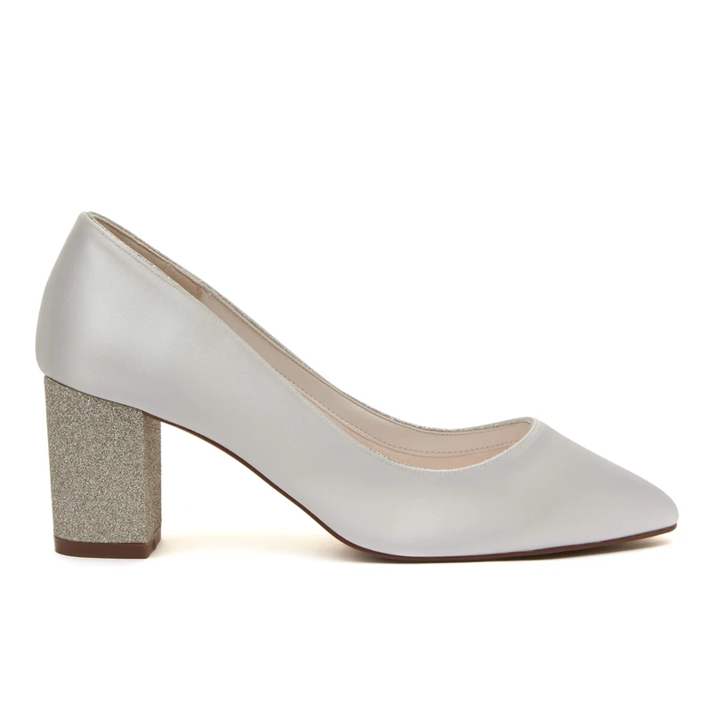 Rainbow Club Bambi - Mid Height Ivory Satin Court Bridal Wedding Shoes with Silver Shimmer Block Heel, 4 UK