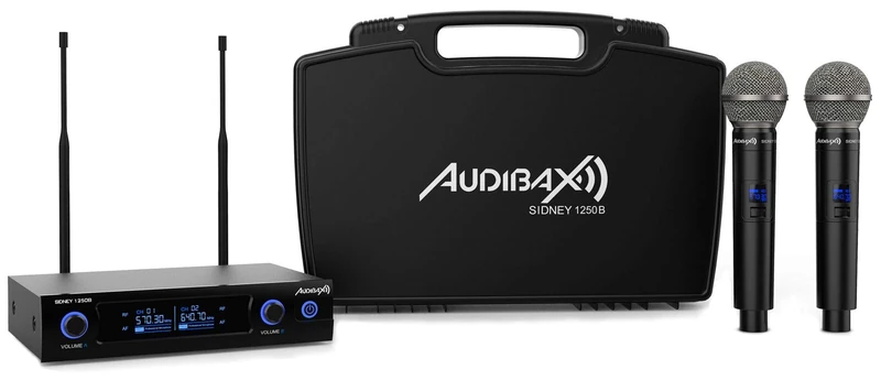 Audibax Sidney 1250 B - UHF Dual Wireless Microphone System - Wireless Microphones with B Frequency - Includes Carrying Case - 2 XLR Audio Outputs and 1 Jack Output