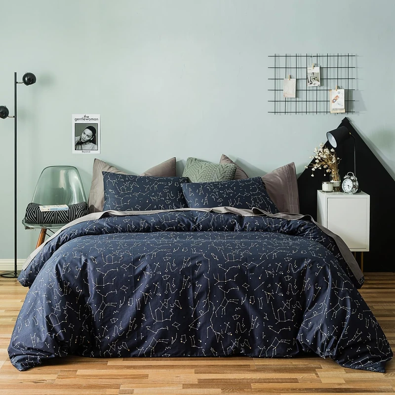 YuHeGuoJi Navy Constellation Duvet Cover King 100% Cotton 3 Pcs Set 1 Blue Space Duvet Cover with Zipper Ties 2 Pillowcases Modern White Stars Galaxy Celestial Pattern Bedding Set Soft