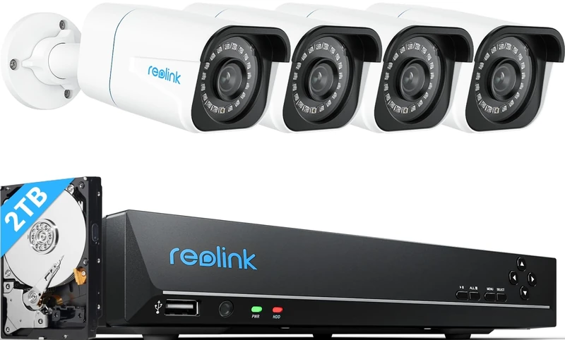 Reolink 4K PoE Security CCTV Camera System H.265, 4pcs 8MP IP Cameras with Person/Vehicle Detection and 8CH NVR with 2TB HDD for 24/7 Recording Night Vision Audio, RLK8-800B4