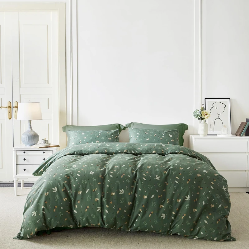 YuHeGuoJi Dark Green Plant Duvet Cover King 100% Cotton 3 Pcs Set