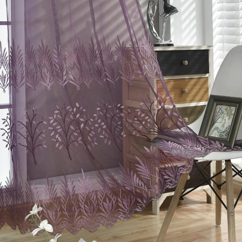 DONREN Tree Branch Printed Embroidery Sheer Curtains for Bedroom - Luxury Plum Purple Embroidery Sheer Curtain Panels for Living Room (W 52 x L 84 Inch,2 Panels)