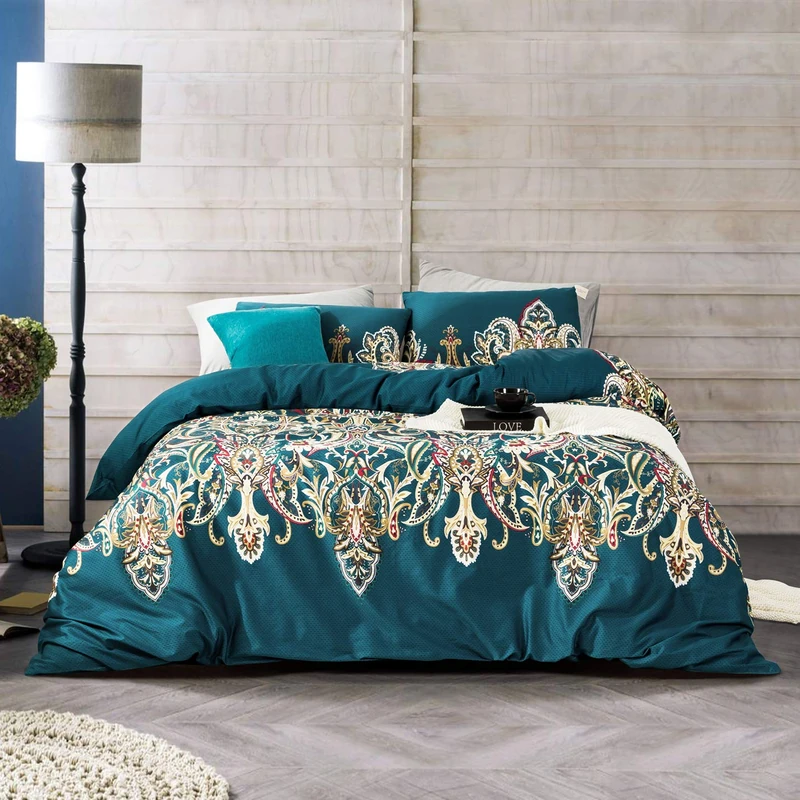 YuHeGuoJi Teal Boho Duvet Cover Queen 100% Egyptian Cotton 3 Pcs Set 1 European Damask Paisley Duvet Cover with Zipper Ties 2 Pillowcases Vintage Beige Red Bohemian Bedding Set Soft
