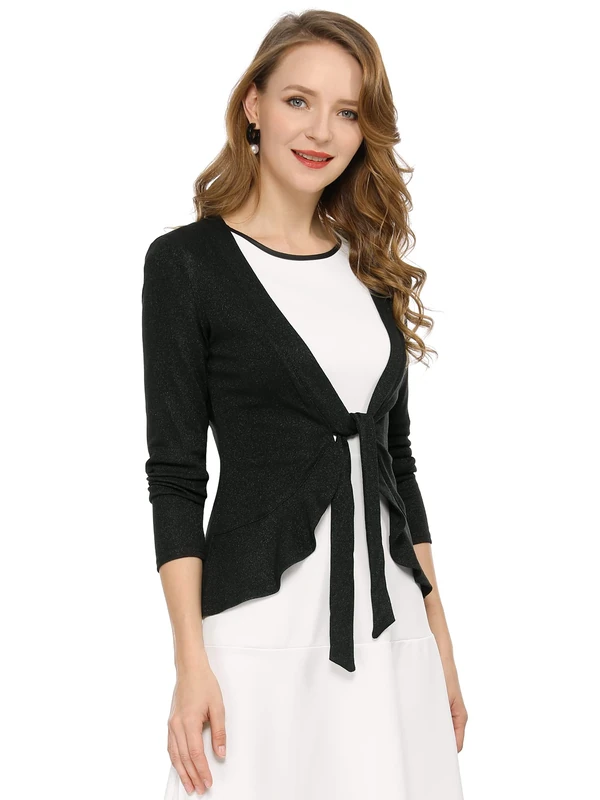 Allegra K Women's St. Patrick's Day Tie Front Metallic Ruffled Long Sleeve Open Cardigan Black 20