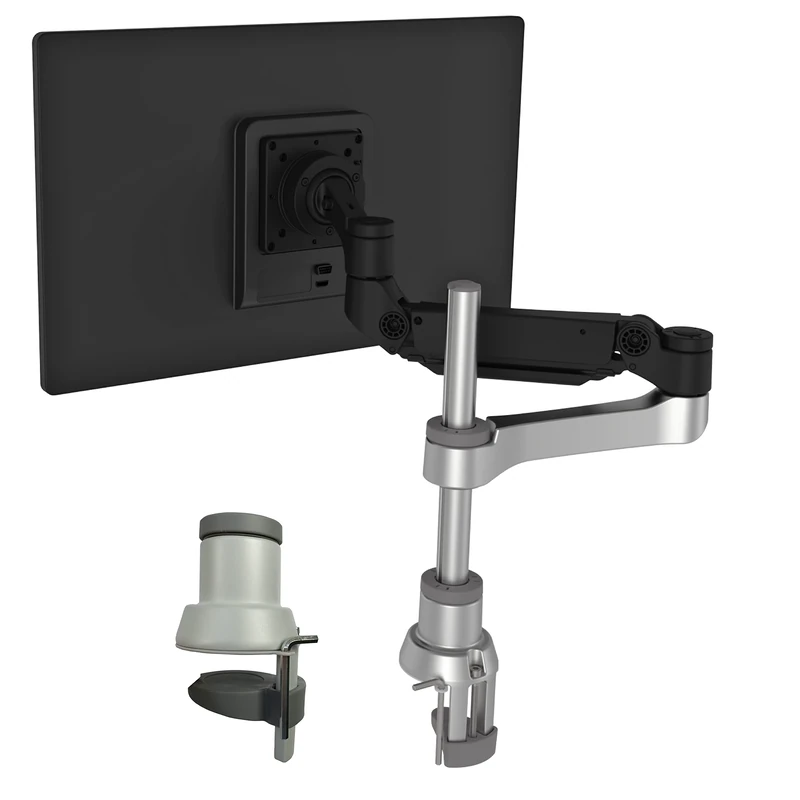 R-Go Tools Caparo 4 D2, Single monitor arm, Fully adjustable with gas spring, Vesa(75x75 and 100x100mm) Mount Desk Stand with Clamp, Fits 40’’Inch LCD Computer Monitors, Weigh max 9KG, Matte silver