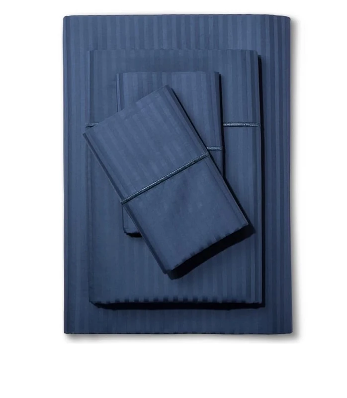 Feather & Stitch 500 TC Queen Size Damask Bed Sheet Set, 100% Soft Cotton Breathable Bedsheets, 18" Deep Pockets Sateen Weave Striped Bedding Mattress Resort Hotel Luxury Décor - (Dark Blue, Queen)