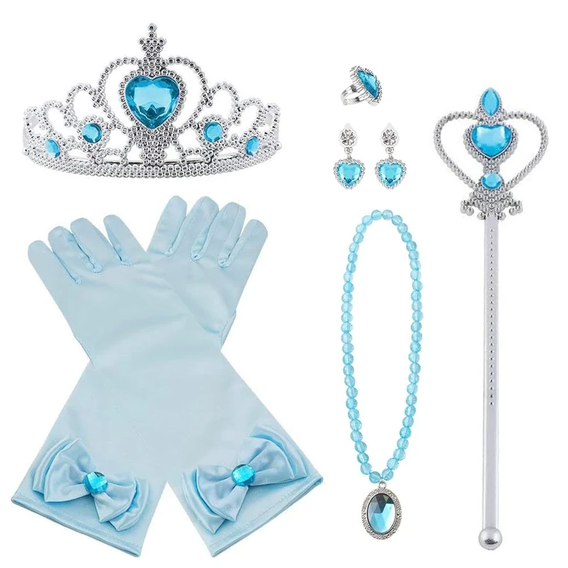 Vicloon Elsa Dress Up Accessories Set of 9, Elsa Gloves, Princess Crown, Ring, Earring, Magic Wand and Necklace (Blue)