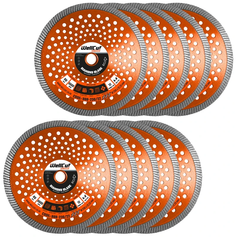 Diamond Cutting Discs For Angle Grinder 230mm 22.23mm Bore, Fast Clean Cut on Concrete Reinforced Concrete Marble And Granite Stone Sandstone Brick Tiles Or Ceramic Tiles WellCut (Pack of 10)