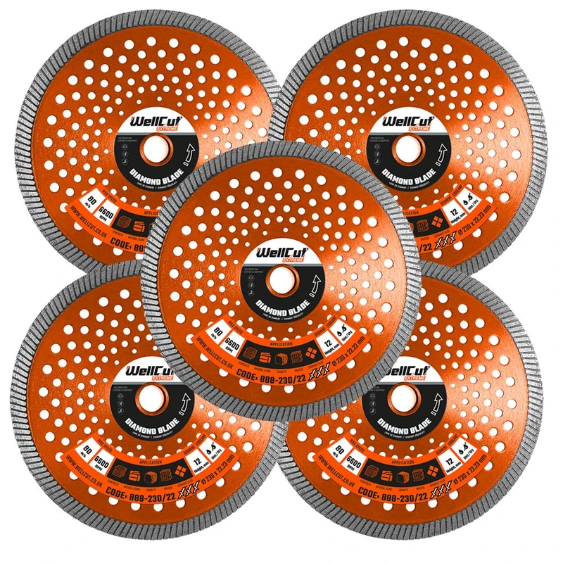 Diamond Cutting Discs For Angle Grinder 230mm 22.23mm Bore, Fast Clean Cut on Concrete Reinforced Concrete Marble And Granite Stone Sandstone Brick Tiles Or Ceramic Tiles WellCut (Pack of 5)