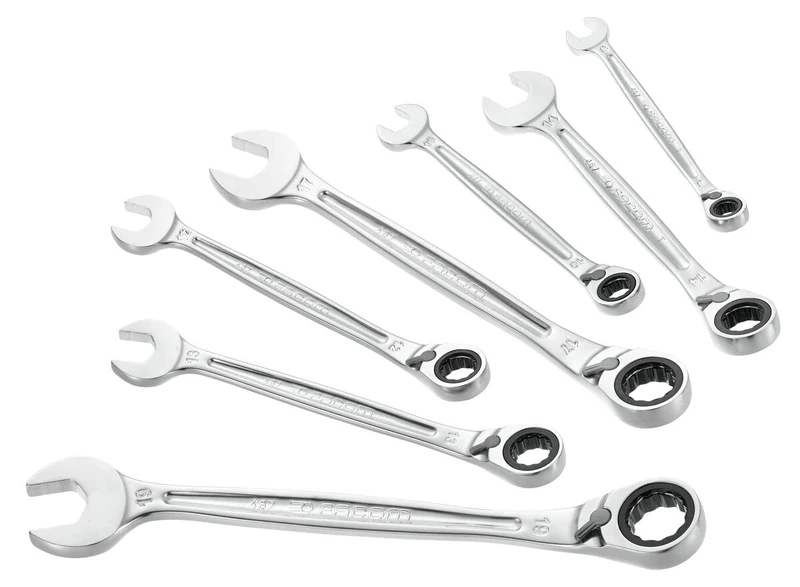 Facom Set of 7 Metric Ratchet Combination Wrenches 8 to 19 mm - Anti-Slip Ultra-Grip System - Compact Lever Reversible Ratchet Mechanism - Chemical Resistant - Image 1