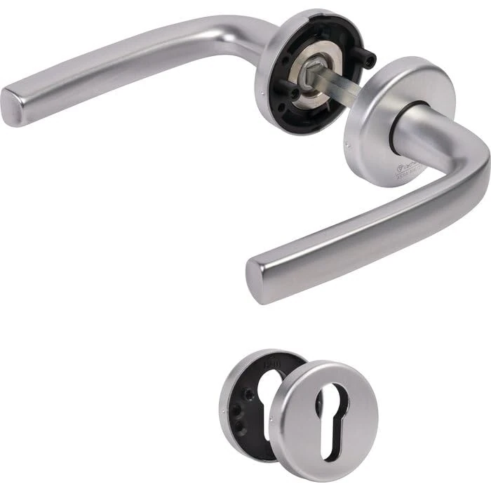 Vachette Logio Set of Door Handles on Rosettes Diameter 52 mm – Key Version I for Entrance Doors, Basements, Offices, Garages – Made of Durable Aluminium – Silver Finish