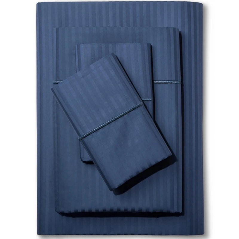 Feather & Stitch 500 Thread Count Sheet Set Damask Stripe Cotton Soft & Breathable 5-Piece 18 Inch Pocket Satin Weave Mattress Resort Hotel Dark Blue Split King Size