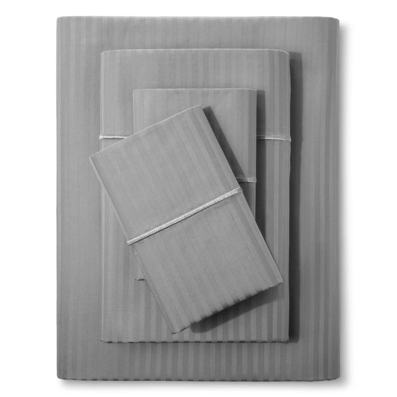 Feather & Stitch Damask Stripe Sheet Set 5 Piece Set, Ultra Soft 100% Cotton, 500 Thread Count Sateen Weave, Deep Pocket Bedsheets, with 2 Twin XL Fitted 1 King Flat 2 Pillowcases (Split King, Grey)