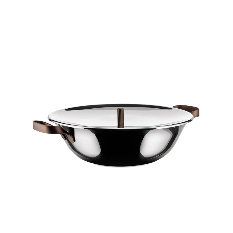 Alessi edo Wok in Trilamine with Stainless Steel Lid, Stainless Steel Handles and Knob with PVC Coating, Brown PU308 - Image 1