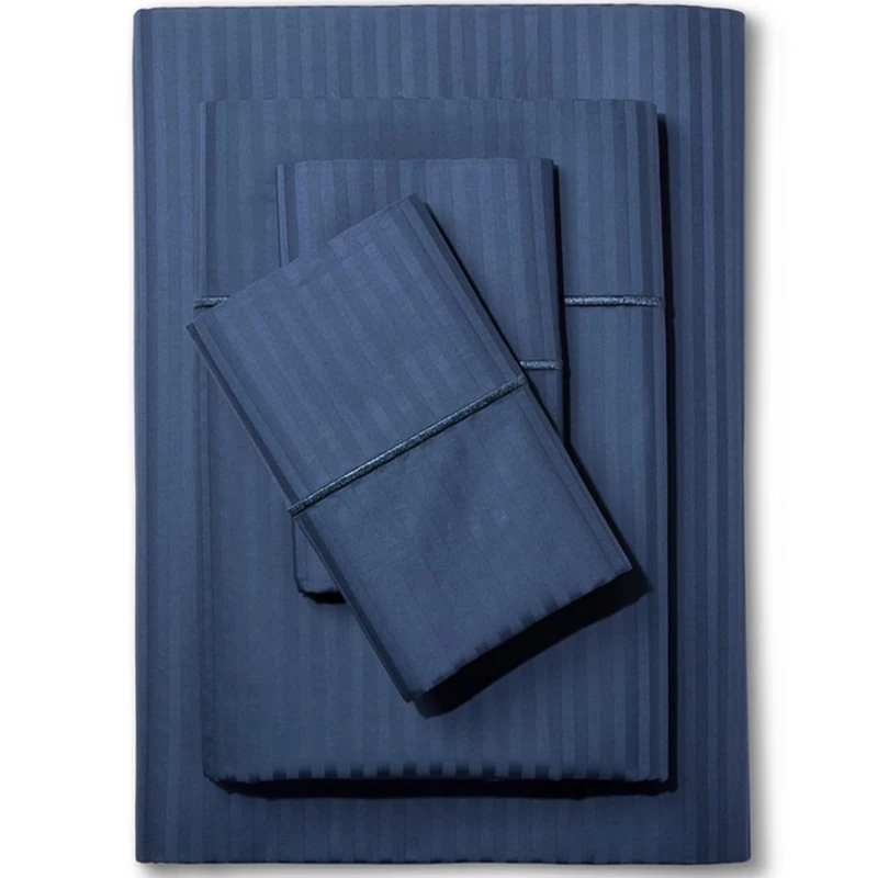 Feather & Stitch 500 TC King Size Damask Bed Sheet Set, 100% Soft Cotton Breathable Bedsheets, 18" Deep Pockets Sateen Weave Striped Bedding Mattress Resort Hotel Luxury Décor - (Dark Blue, King)