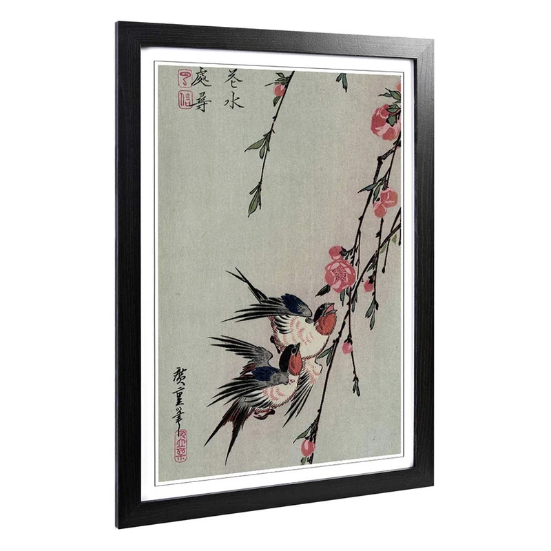 Big Box Art Framed Print of Hiroshige Japanese Oriental Moon Swalls Peach Blossoms Design | Wall Art Picture| Home Decor for Living Room, Bedroom, Office, Black, A2 / 24.5x18 Inch / 62x45cm