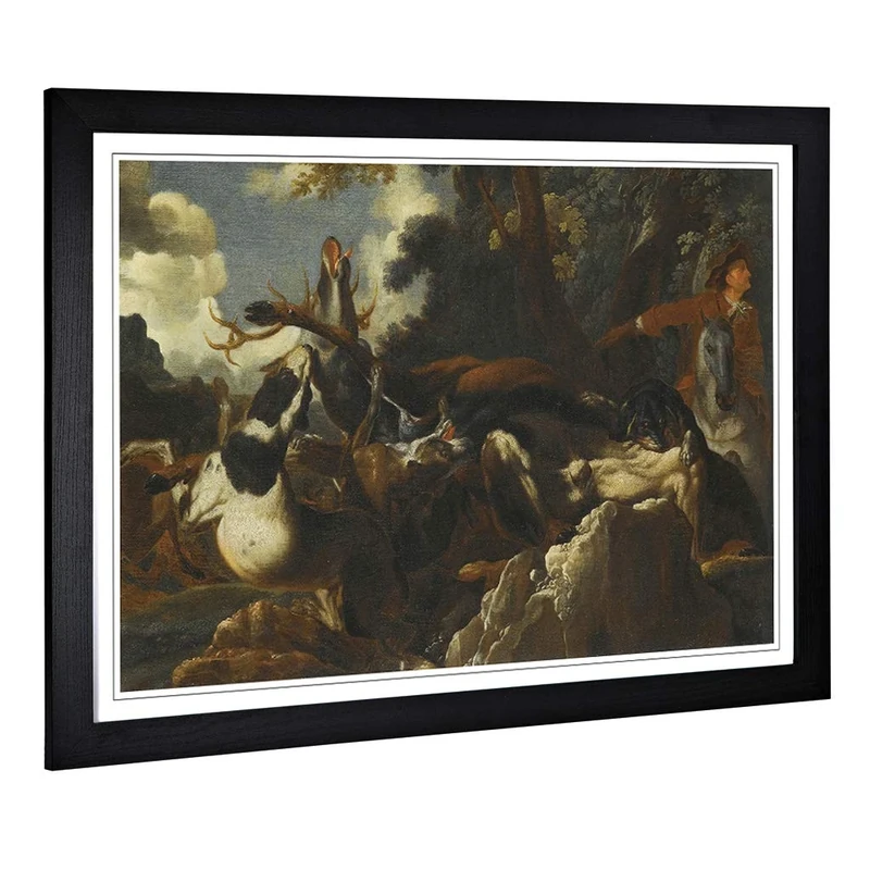 Big Box Art Framed Print of Abraham Hondius A Stag Hunt Design | Wall Art Picture | Home Decor for Kitchen, Living, Dining Room, Bedroom, Hallway, Office, Black, A2 / 24.5x18 Inch / 62x45cm