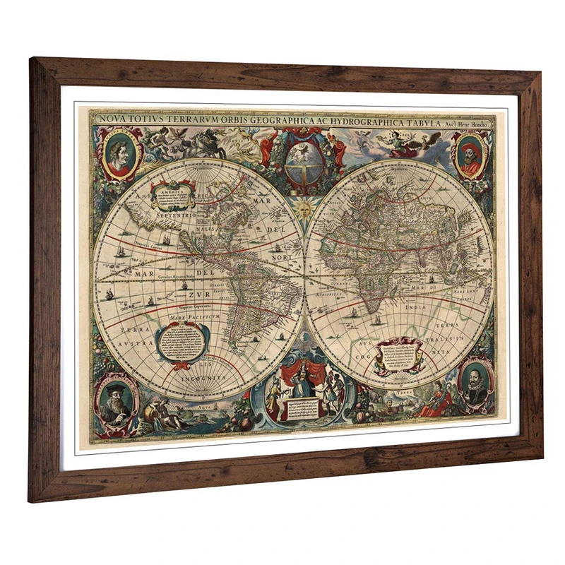 Big Box Art Framed Print of Henricus Hondius II-Vintage World Map 2 Design | Wall Art Picture | Home Decor for Kitchen, Living Room, Bedroom, Hallway, Walnut, A2 / 24.5x18 Inch / 62x45cm