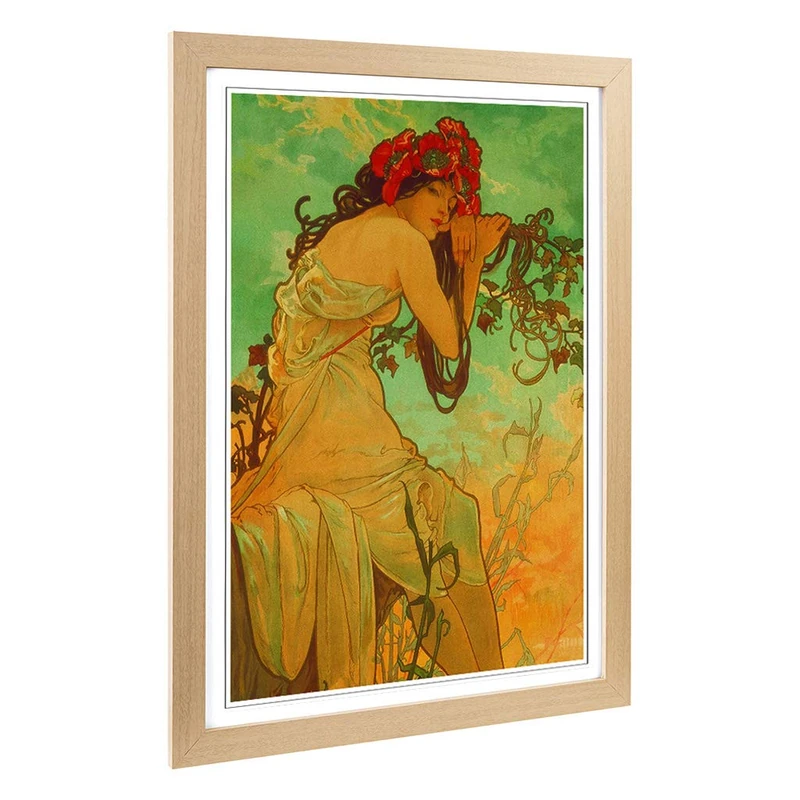 Big Box Art Framed Print of Alphonse Mucha Lady with Red Flowers in her Hair Design | Wall Art Picture| Home Decor for Kitchen, Living Room, Bedroom, Hallway, Oak, A2 / 24.5x18 Inch / 62x45cm