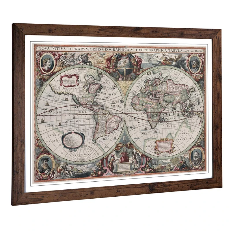 Framed Print of Henricus Hondius II - Vintage World Map Art Design | Wall Art Picture A2 / 24.5 x 18 Inch / 62 x 45 cm | Home Decor for Kitchen, Living Room, Dining Room, Bedroom, Hallway, Office