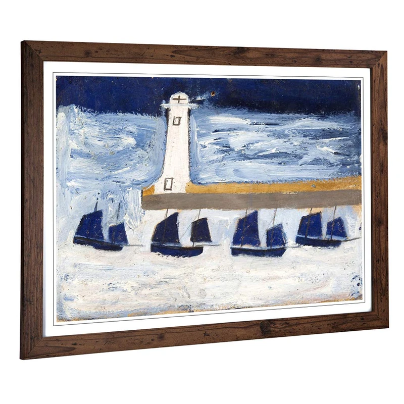 Big Box Art Framed Print of Alfred Wallis Four Luggars and a Lighthouse Design | Wall Art Picture | Home Decor for Kitchen, Living Room, Bedroom, Hallway, Walnut, A2 / 24.5x18 Inch / 62x45cm
