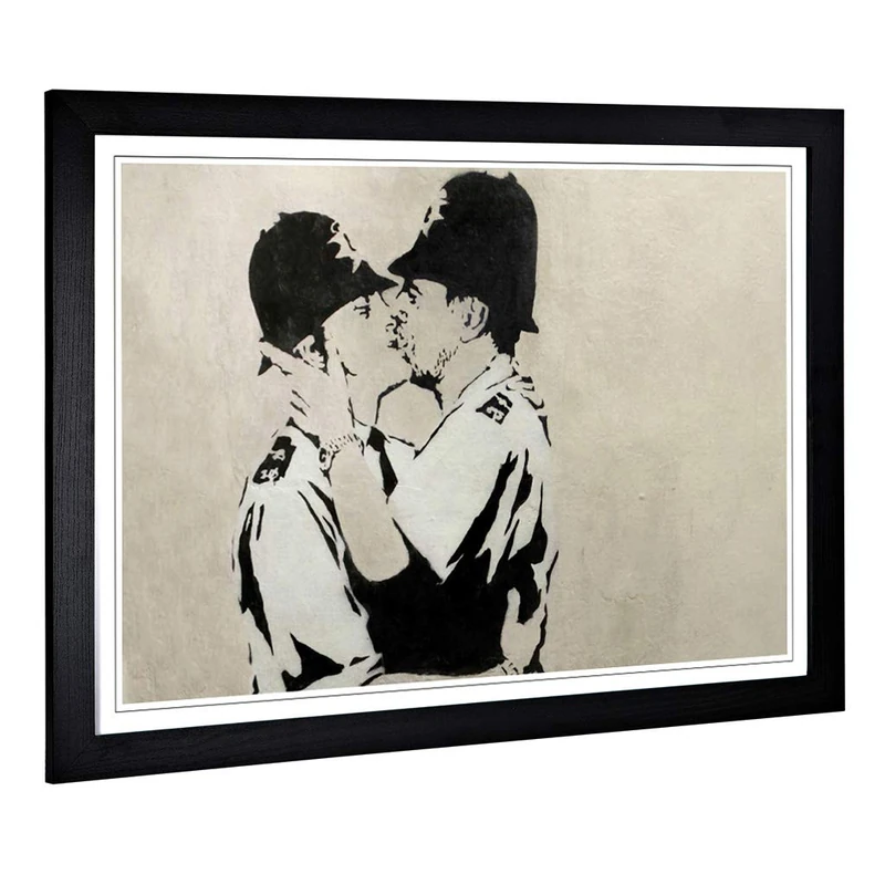 Big Box Art Framed Print of Banksy Kissing Police Policeman Graffiti Design | Wall Art Picture| Home Decor for Kitchen, Living Room, Bedroom, Hallway, Black, A2 / 24.5x18 Inch / 62x45cm