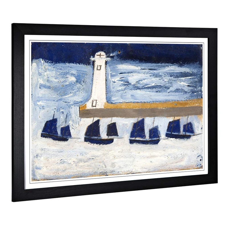Big Box Art Framed Print of Alfred Wallis Four Luggars and a Lighthouse Design | Wall Art Picture | Home Decor for Kitchen, Living Room, Bedroom, Hallway, Black, A2 / 24.5x18 Inch / 62x45cm