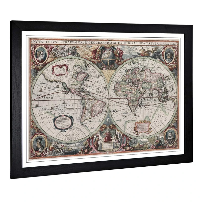Big Box Art Framed Print of Henricus Hondius II-Vintage World Map Design | Wall Art Picture | Home Decor for Kitchen, Living Room, Bedroom, Hallway, Black, A2 / 24.5x18 Inch / 62x45cm