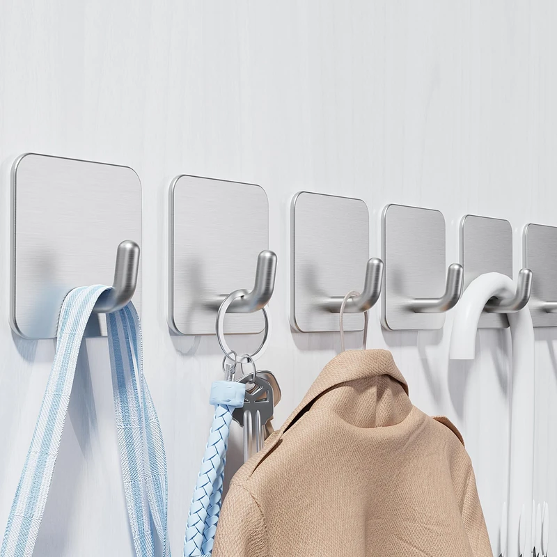 Aikzik 6 Pack Self Adhesive Hooks, Stainless Steel Sticky Hook Heavy Duty, Over 8kg Load - Hooks for Hanging for Towel, Coat, Key, Stick on Bathroom, Kitchen, Door and Wall