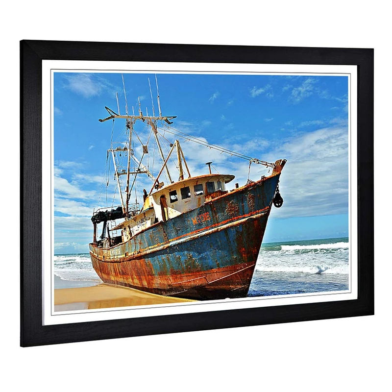 Big Box Art Framed Print of Stranded Boat Wreck on Beach (1) Design | Wall Art Picture | Home Decor for Kitchen, Living Room, Bedroom, Hallway, Black, A2 / 24.5x18 Inch / 62x45cm
