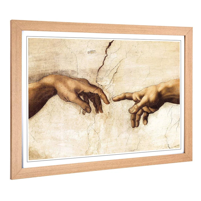 Big Box Art Framed Print of Michelangelo Creation of Adam Hands Design | Wall Art Picture | Home Decor for Kitchen, Living Room, Bedroom, Hallway, Oak, A2 / 24.5x18 Inch / 62x45cm - Image 1