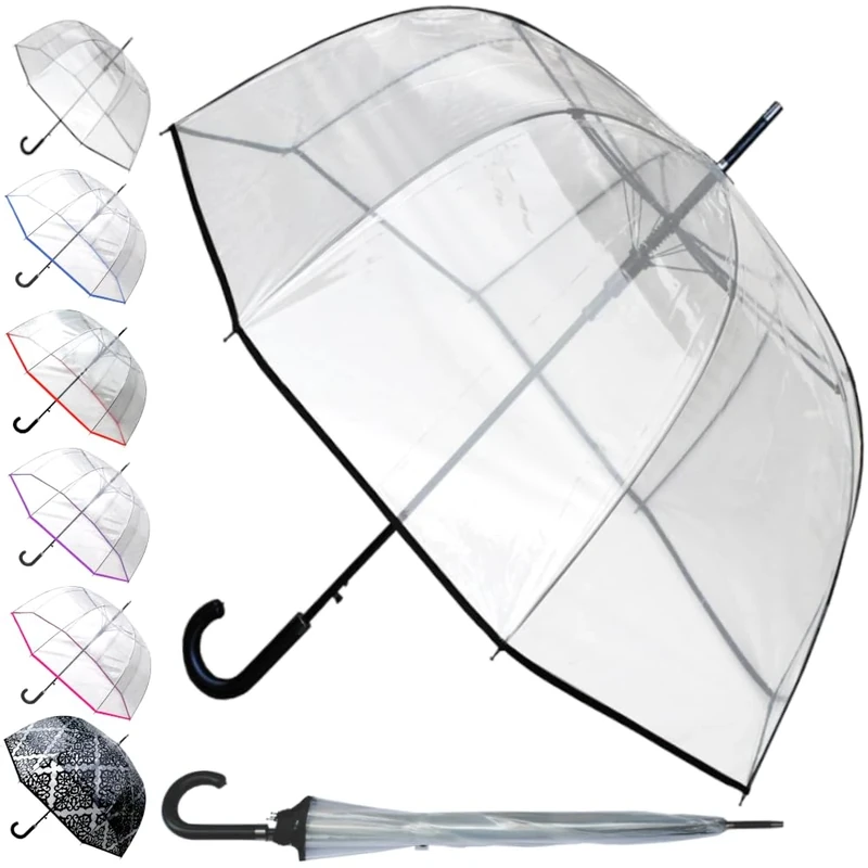 60MPH Rare Automatic Clear Umbrella - Windproof Dome Umbrella Strong - See Through Transparent Clear Plastic Canopy - Best for Visibility - Designer Fiberglass Men Women - Black Trim